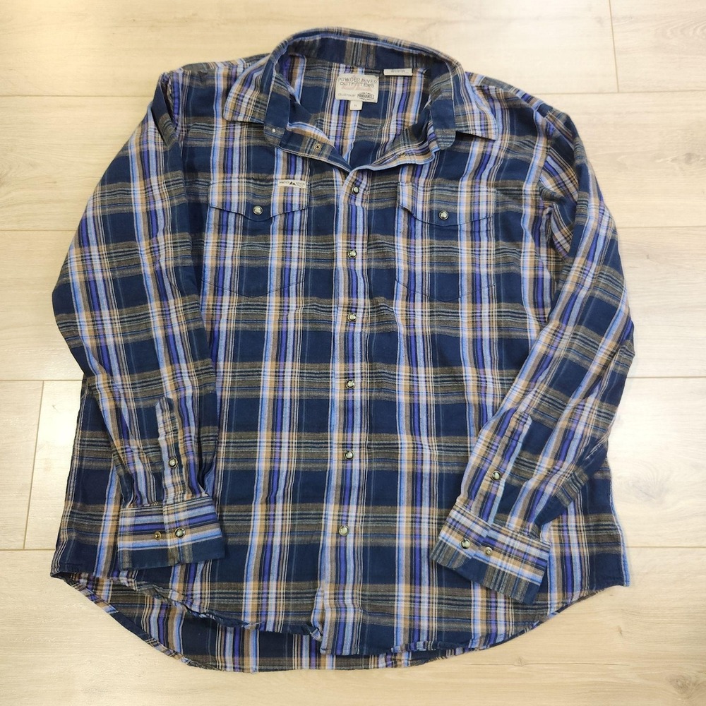 Powder River Outfitters Western Shirt Mens XL Blue Plaid Snap Casual Cowboy